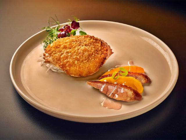 Baked Stuffed Crab Shell, Roasted Silver Hill Irish Duck with Sliced Mango in Sweet Plum Sauce