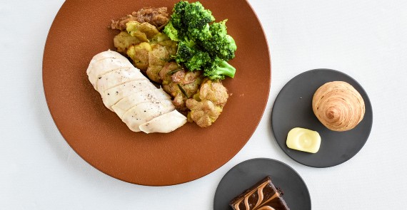 Poached chicken breast with mirin roasted broccoli